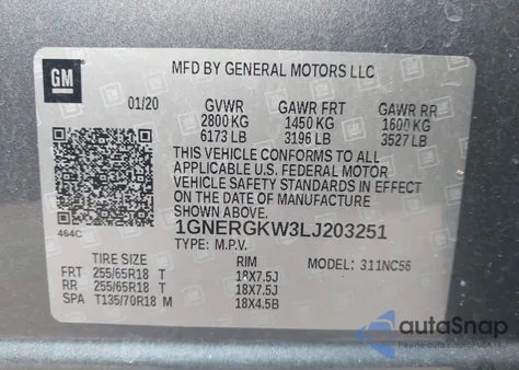 2020 Chevrolet Traverse Fwd Lt Cloth z USA, uszkodzony, nr VIN 1GNERGKW3LJ203251